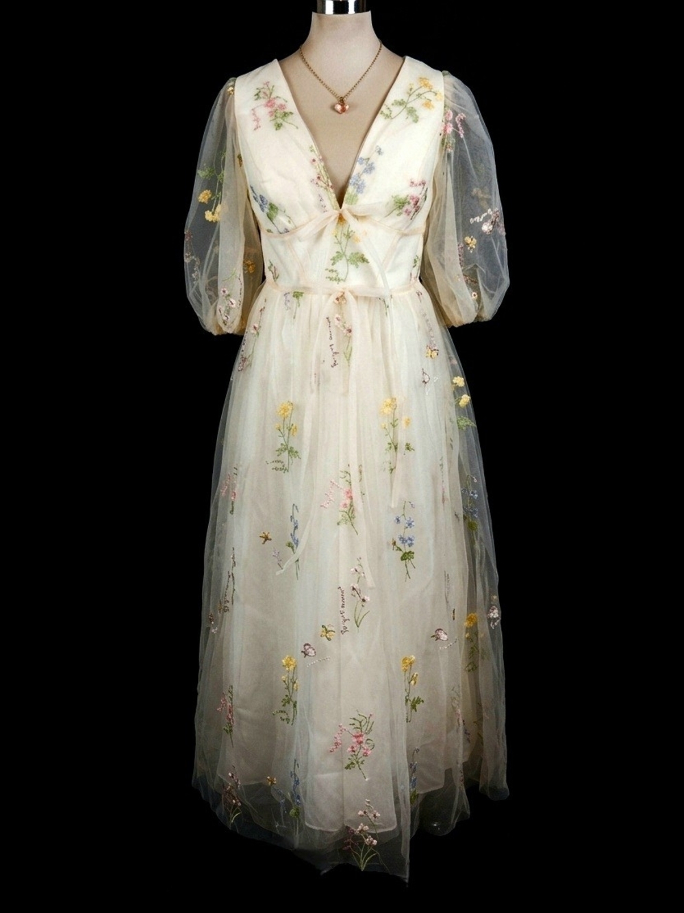 New Ivory Floral Embroidered Tulle Midi Fairy Dress